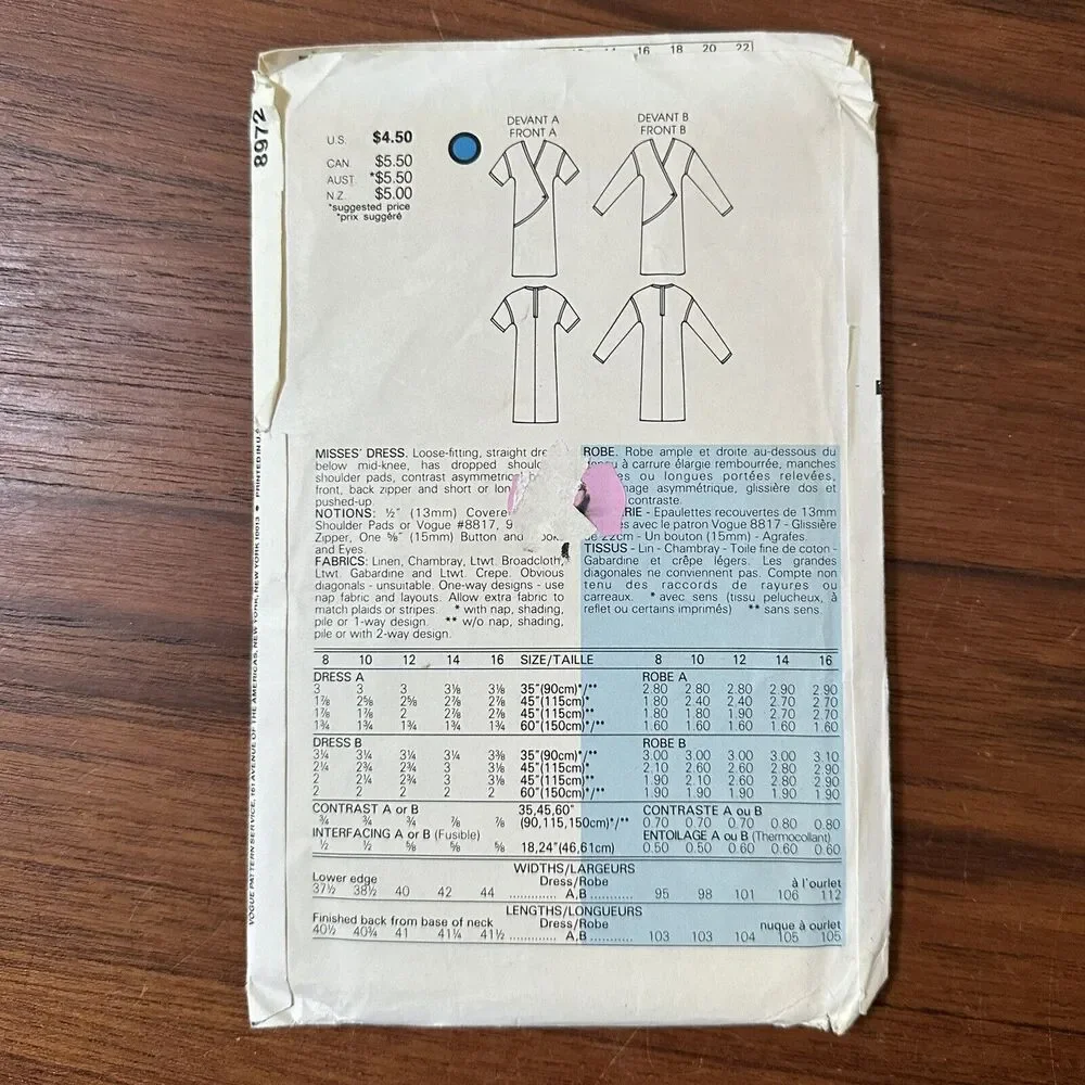 NEW Vintage 1980s Very Easy Vogue Pattern 8972 Misses Box Dress Size 14
